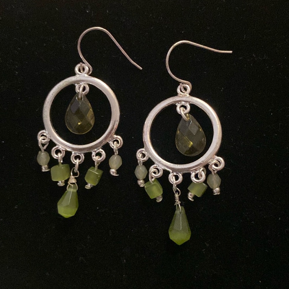 French Wire Silvertone Earrings with Green Beads